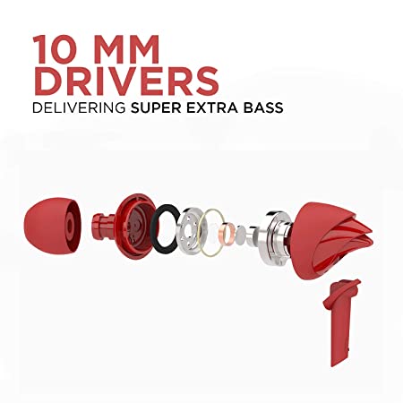 boAt BassHeads 100 Wired Earphone with 10mm Dynamic Drivers, Super Extra Bass, Hawk-Inspired Design (Red, Wired Earphone)