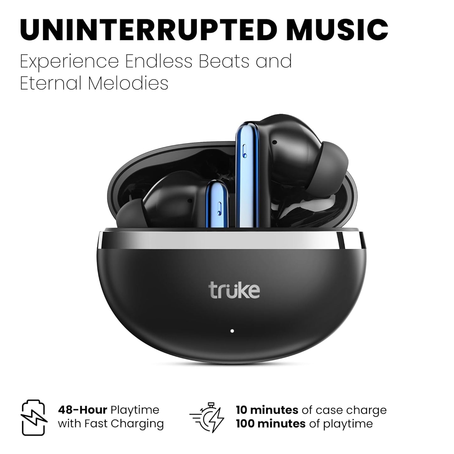 truke Buds Q1 Lite with Quad-Mic ENC, 48hrs Playback, Gaming Mode, Royal Design Case, Deep Bass | True Wireless (Metal Black, Earbuds)