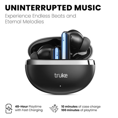 truke Buds Q1 Lite with Quad-Mic ENC, 48hrs Playback, Gaming Mode, Royal Design Case, Deep Bass | True Wireless (Metal Black, Earbuds)