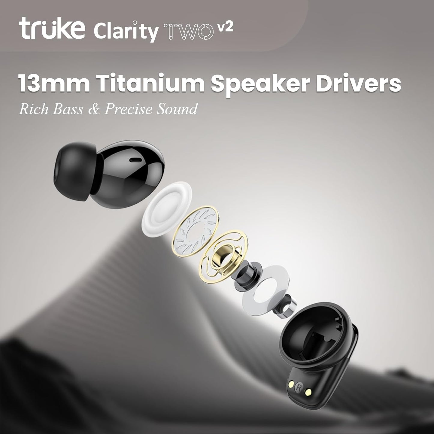 truke Buds Clarity 2 v2 With 6 Mic ENC, 68hrs Playback, 35ms Ultra Low Latency, 13mm Drivers, 3 EQ Modes, Fast Charging | True Wireless (Metal Black, Earbuds)