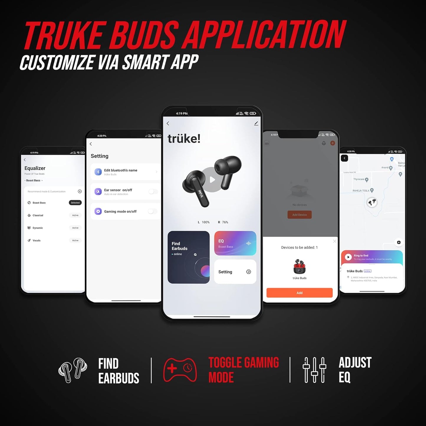 truke Air Buds with Ai Powered Noise Cancellation, Upto 48hrs of Playback, 55Ms Low Latency | True wireless (Black, Earbuds)