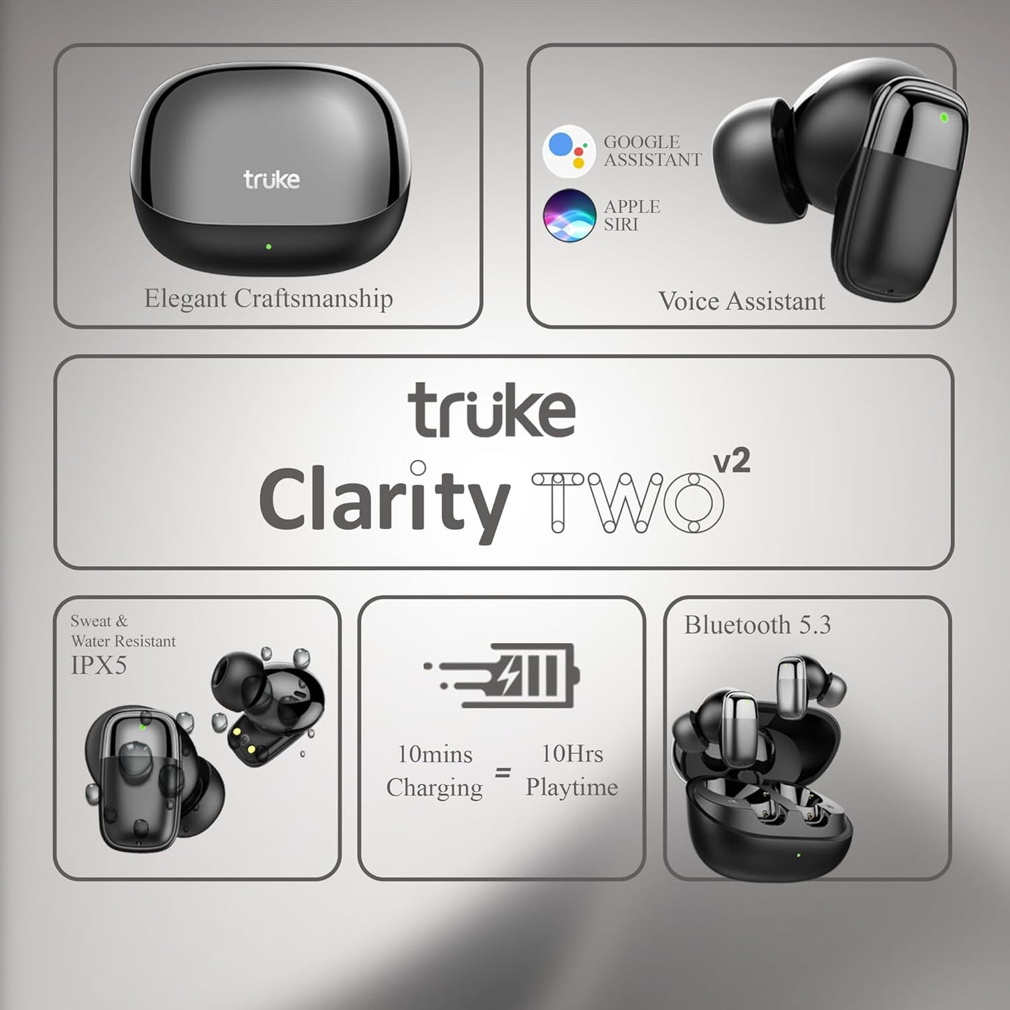 truke Buds Clarity 2 v2 With 6 Mic ENC, 68hrs Playback, 35ms Ultra Low Latency, 13mm Drivers, 3 EQ Modes, Fast Charging | True Wireless (Metal Black, Earbuds)