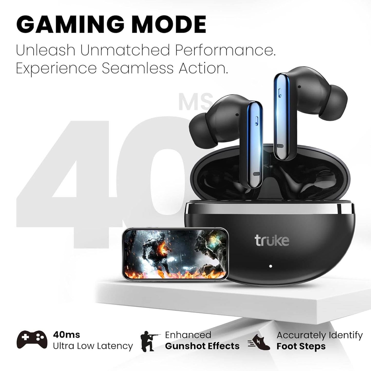 truke Buds Q1 Lite with Quad-Mic ENC, 48hrs Playback, Gaming Mode, Royal Design Case, Deep Bass | True Wireless (Metal Black, Earbuds)