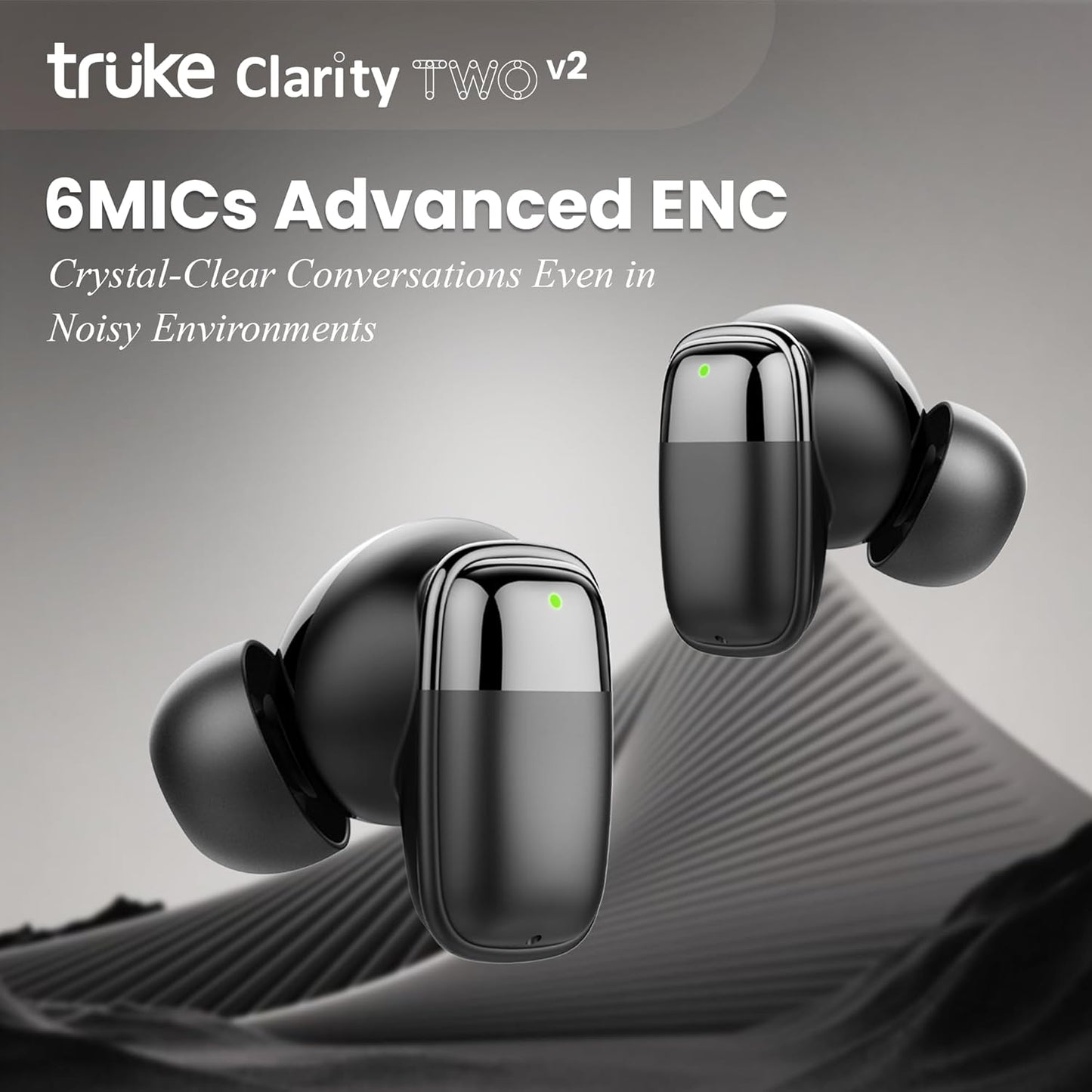 truke Buds Clarity 2 v2 With 6 Mic ENC, 68hrs Playback, 35ms Ultra Low Latency, 13mm Drivers, 3 EQ Modes, Fast Charging | True Wireless (Metal Black, Earbuds)