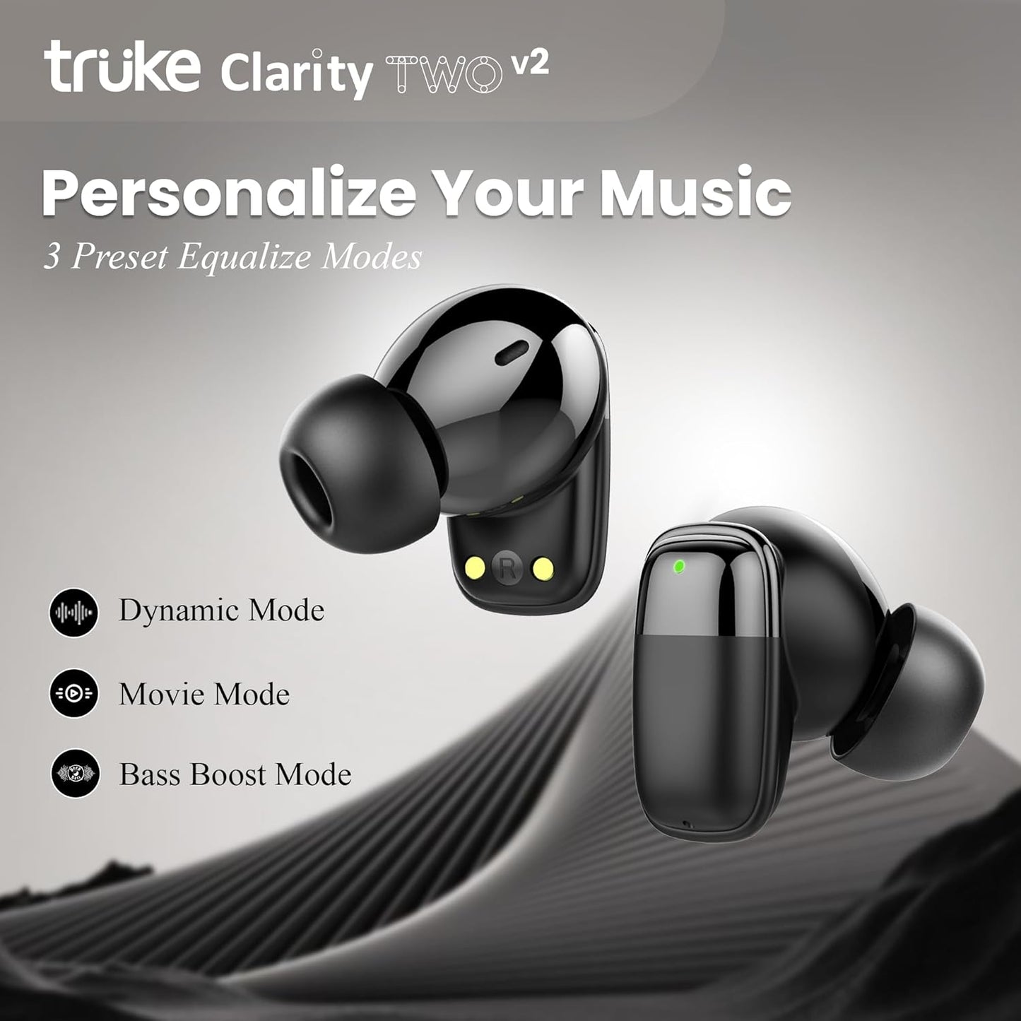 truke Buds Clarity 2 v2 With 6 Mic ENC, 68hrs Playback, 35ms Ultra Low Latency, 13mm Drivers, 3 EQ Modes, Fast Charging | True Wireless (Metal Black, Earbuds)