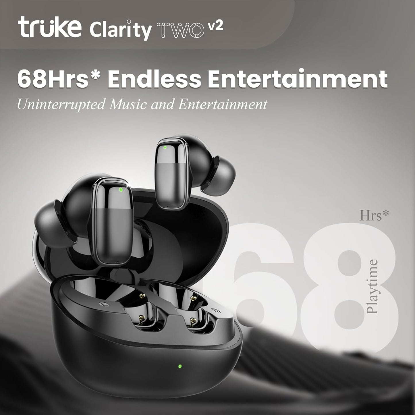 truke Buds Clarity 2 v2 With 6 Mic ENC, 68hrs Playback, 35ms Ultra Low Latency, 13mm Drivers, 3 EQ Modes, Fast Charging | True Wireless (Metal Black, Earbuds)