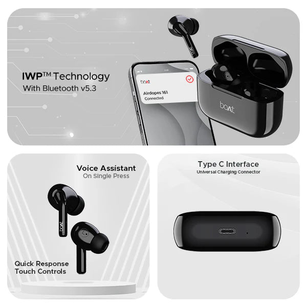 boAt Airdopes 161 with ASAP Charge, IWP Technology, 40 hrs Playback | True Wireless (Pebble Black, Earbuds)