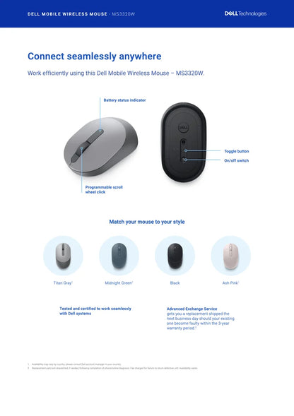 Dell MS3320W Wireless Mouse: Dual Connectivity, 36-Month Battery Life, 1600 DPI