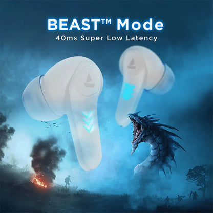 boAt Immortal 131 with Beast Mode, ENx Technology, 40 Hours Playtime, RGB Lights | Wireless (White sabres, Earbuds)